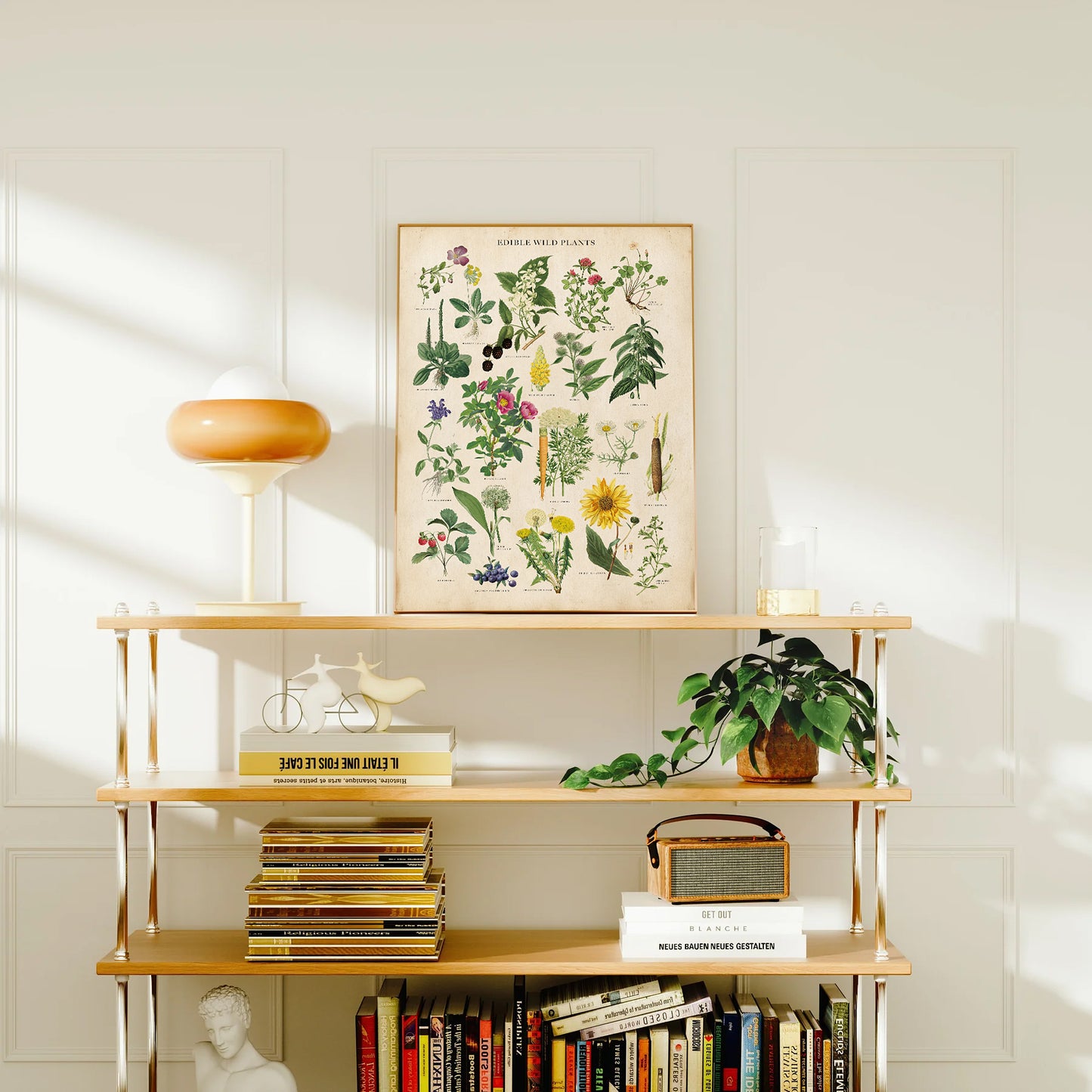 Vintage Edible Wild Plants print featuring botanical illustrations of edible herbs, flowers, and wild plants with labeled scientific names in a classic, antique style.