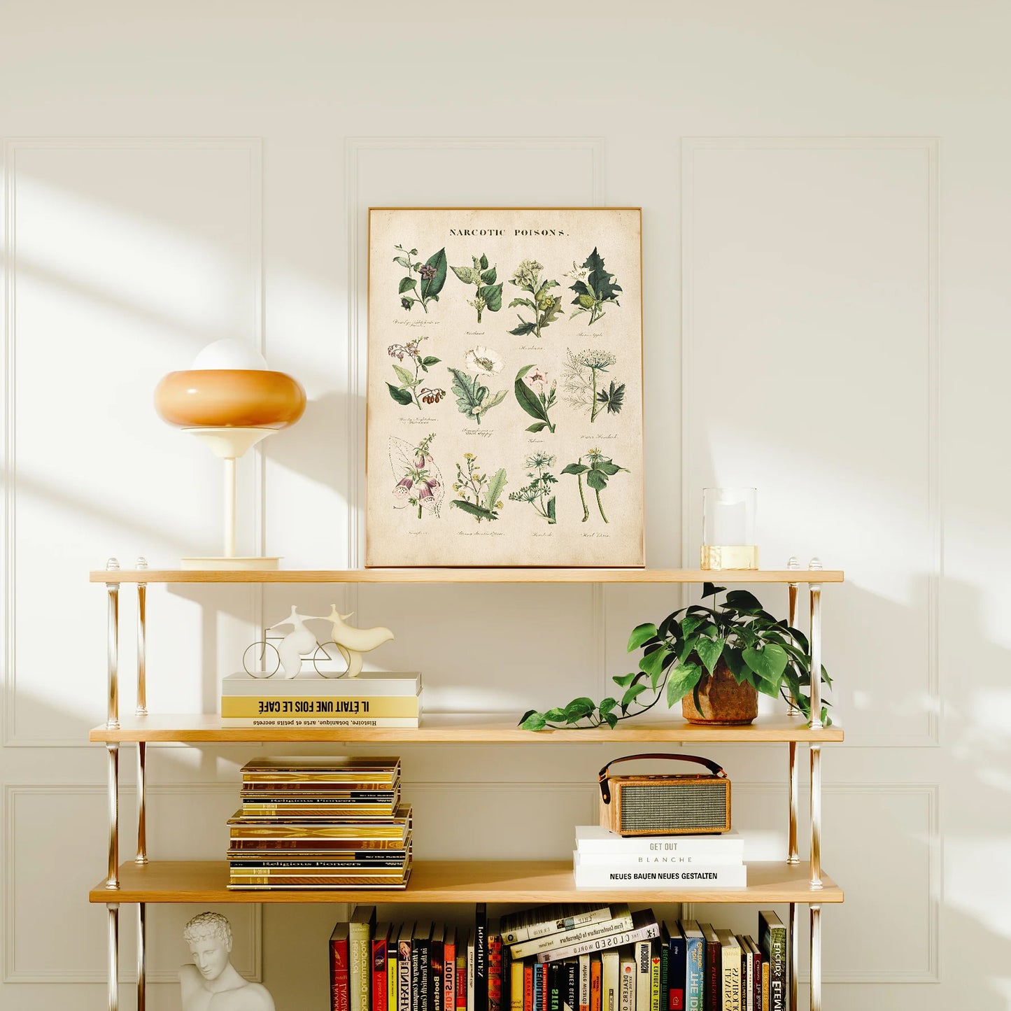 Vintage botanical chart of narcotic and toxic plants, including Nightshade, Henbane, and Foxglove, with detailed antique-style illustrations.