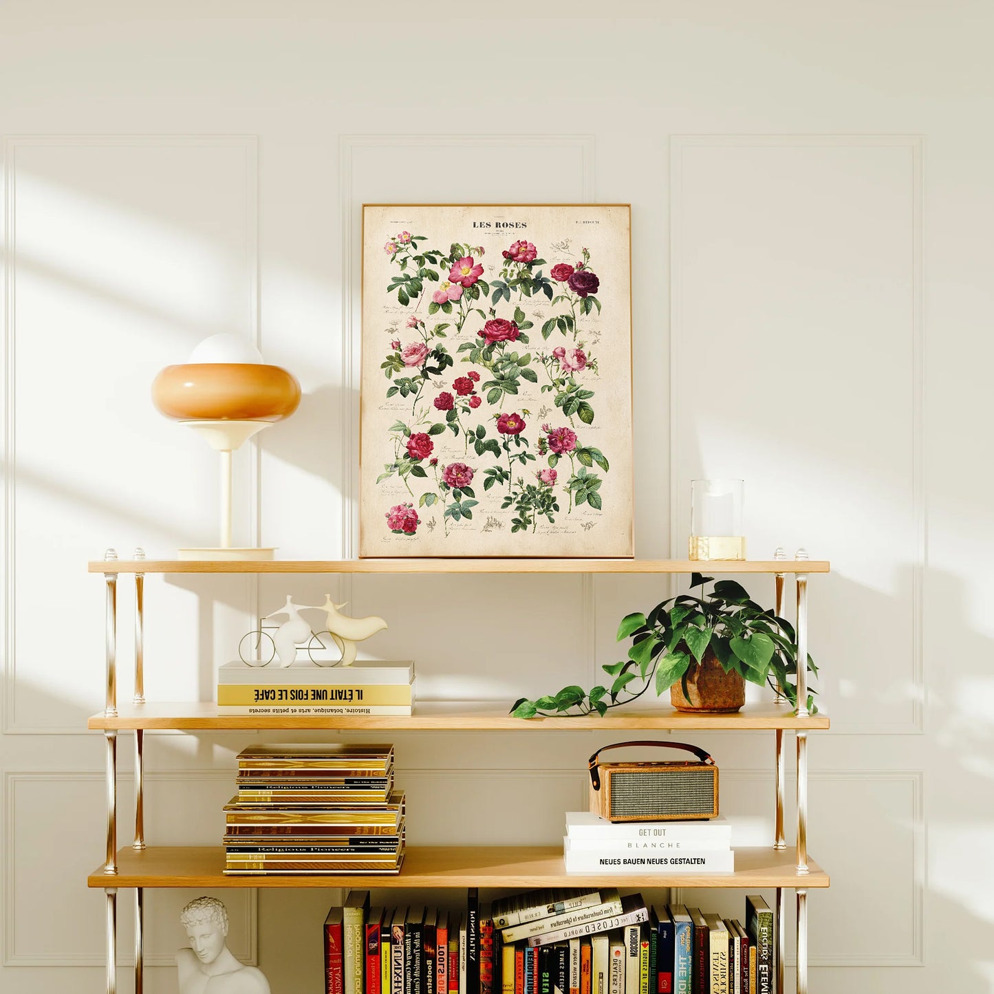 "Les Roses Vintage Rose Chart Print - Antique botanical illustration of labeled roses from a French book."