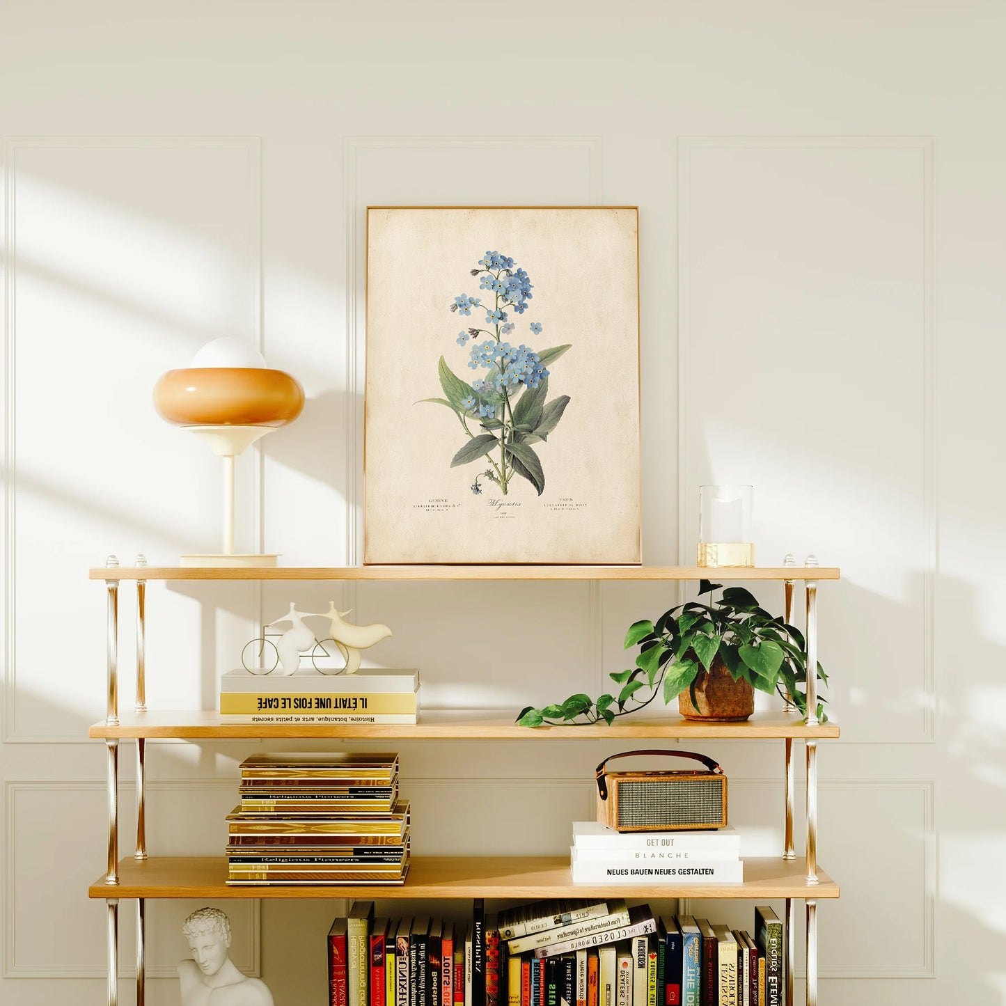 Illustration of delicate blue Forget-Me-Not flowers with green leaves on a vintage botanical print.