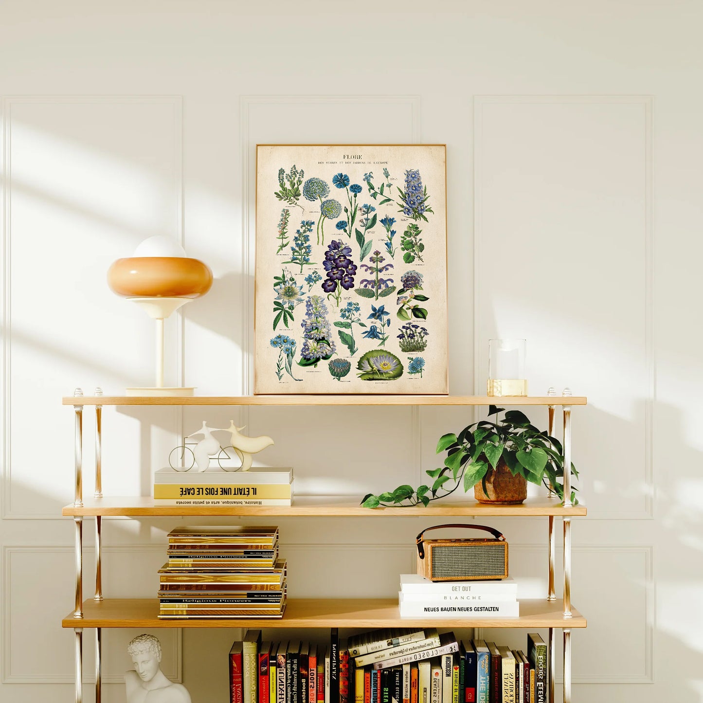 Vintage botanical chart of blue flowers featuring antique-style illustrations of blue plants and blooms on a parchment backgroun