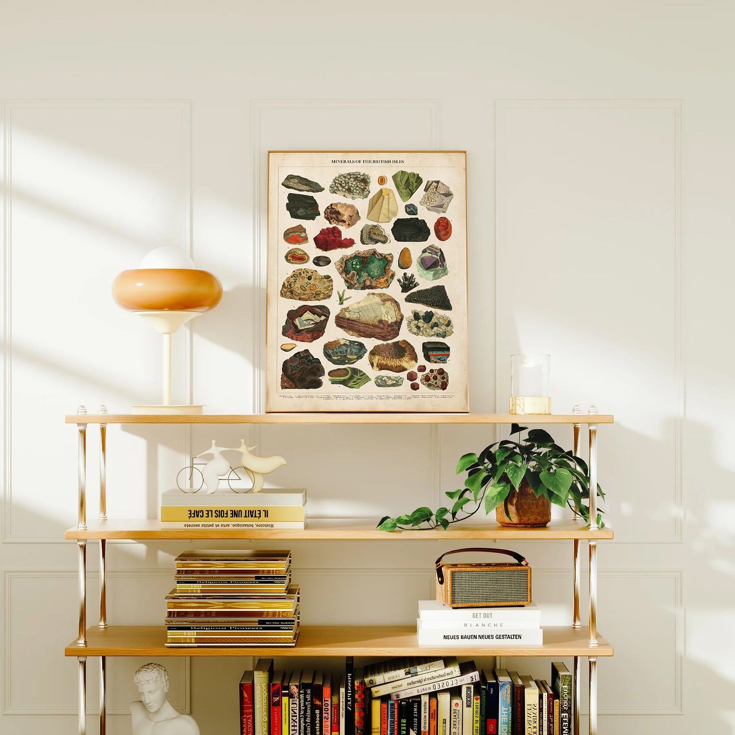 Vintage chart of gemstones and minerals from Minerals of the British Isles, featuring hand-drawn illustrations of rocks, minerals, and crystals.