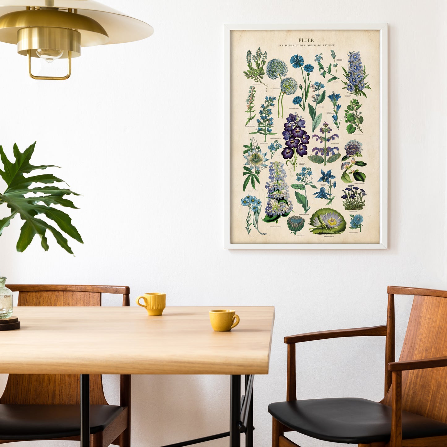 Vintage botanical chart of blue flowers featuring antique-style illustrations of blue plants and blooms on a parchment backgroun