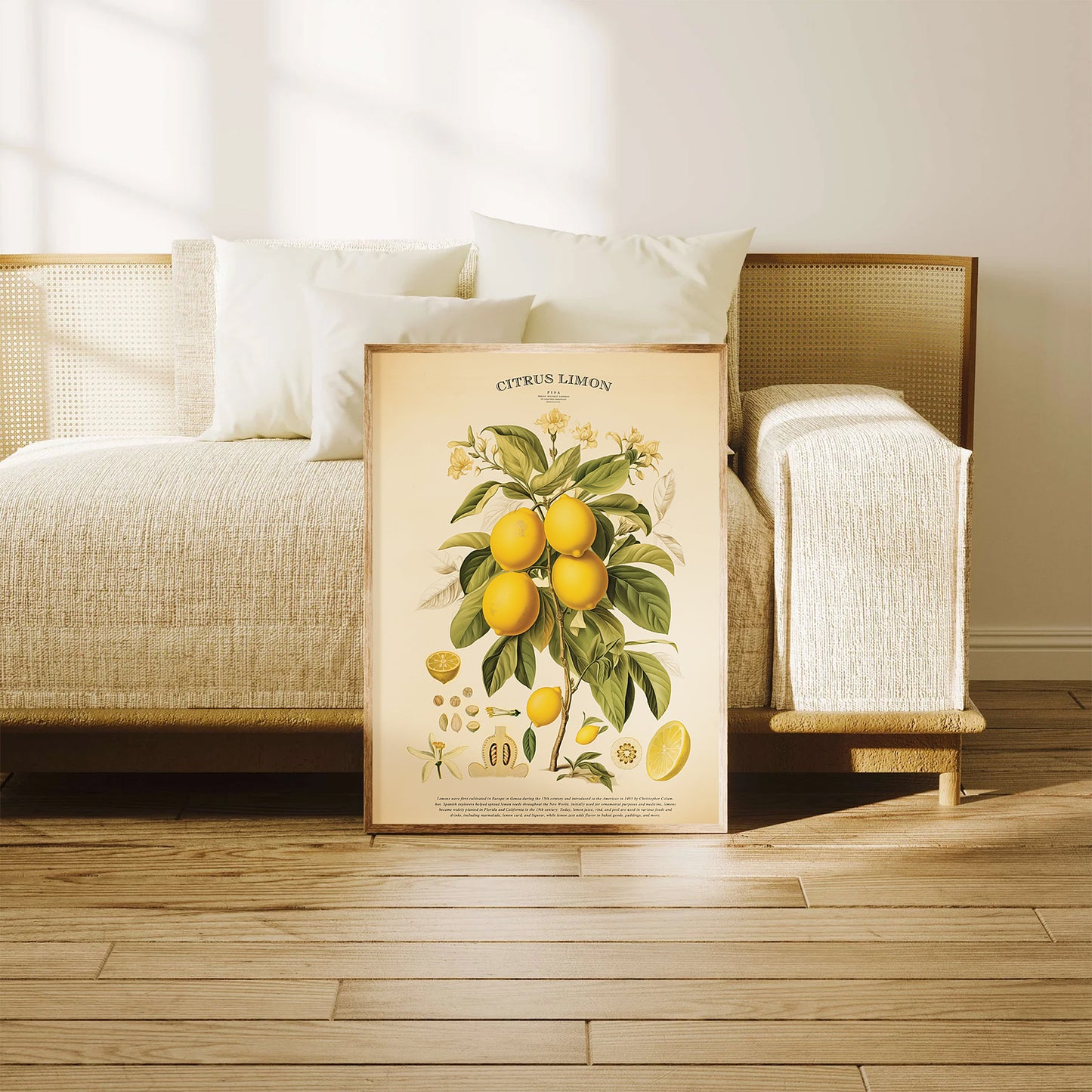 Citrus Limon Vintage Botanical Chart Print - Detailed illustration of lemon tree, seeds, fruit, and historical description