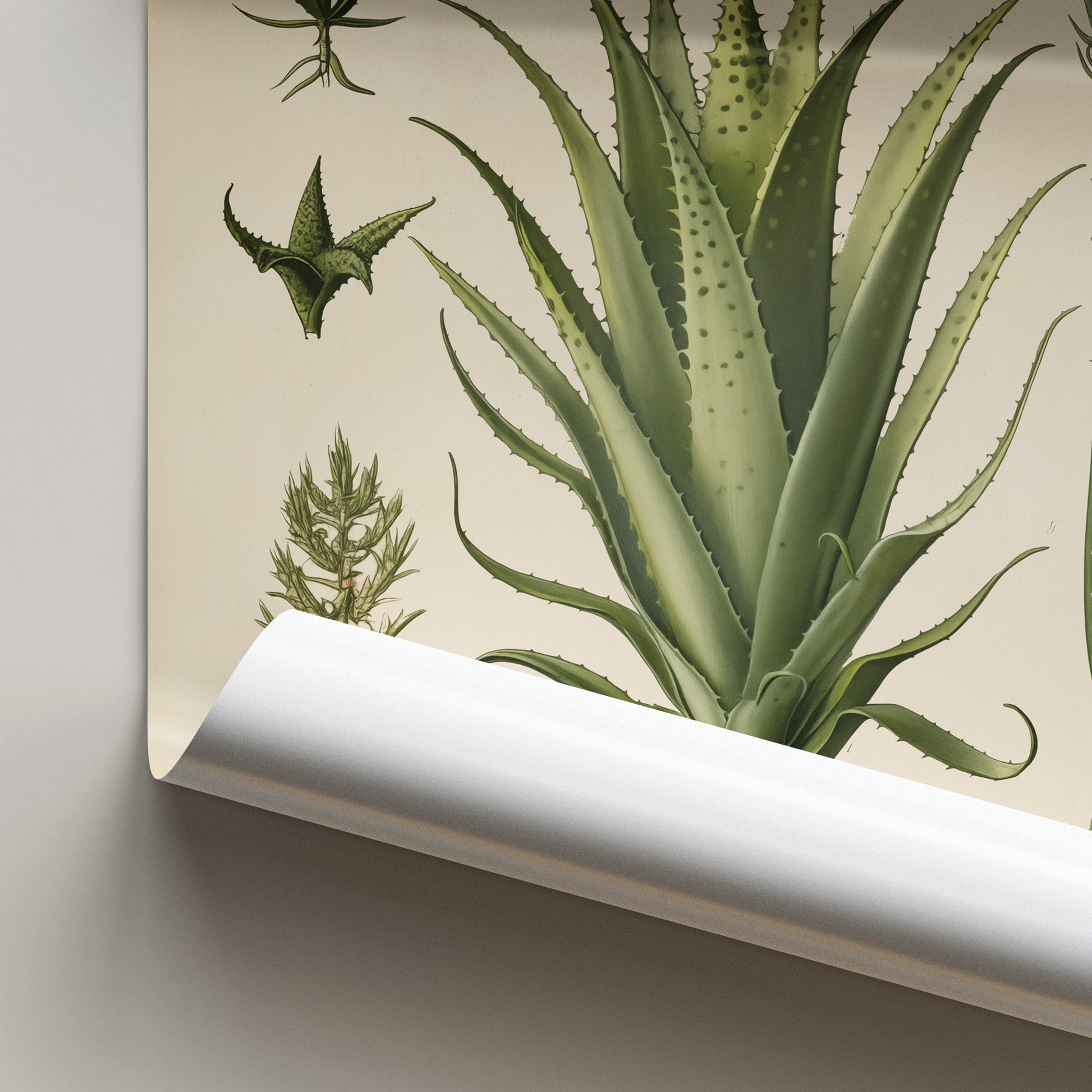 Vintage Aloe Vera Botanical Print featuring detailed illustrations of aloe vera leaves and description on an antique-style background.