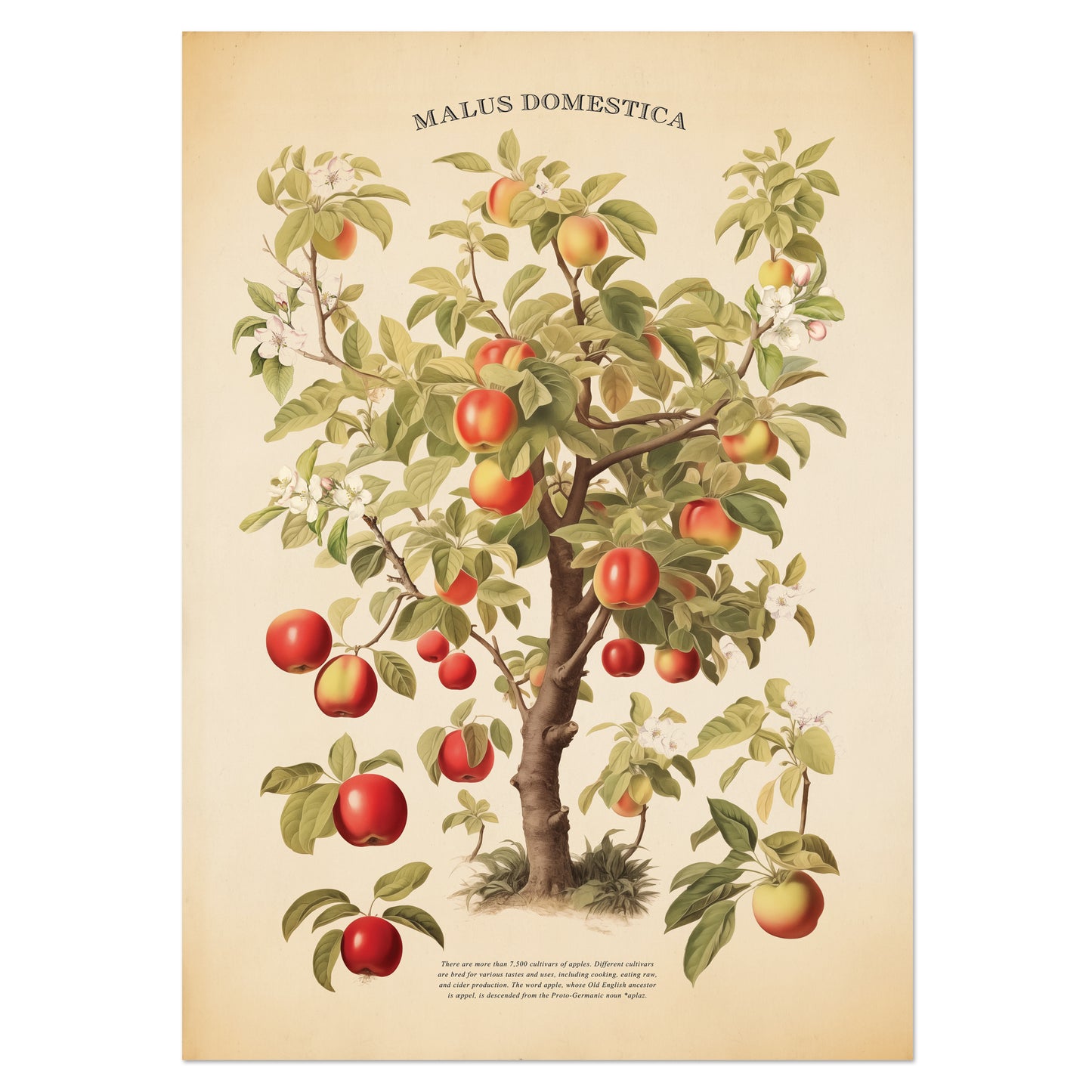 Beautiful vintage apple tree botanical print (Malus Domestica). Perfect for rustic kitchen decor, garden lovers, and nature-inspired spaces.