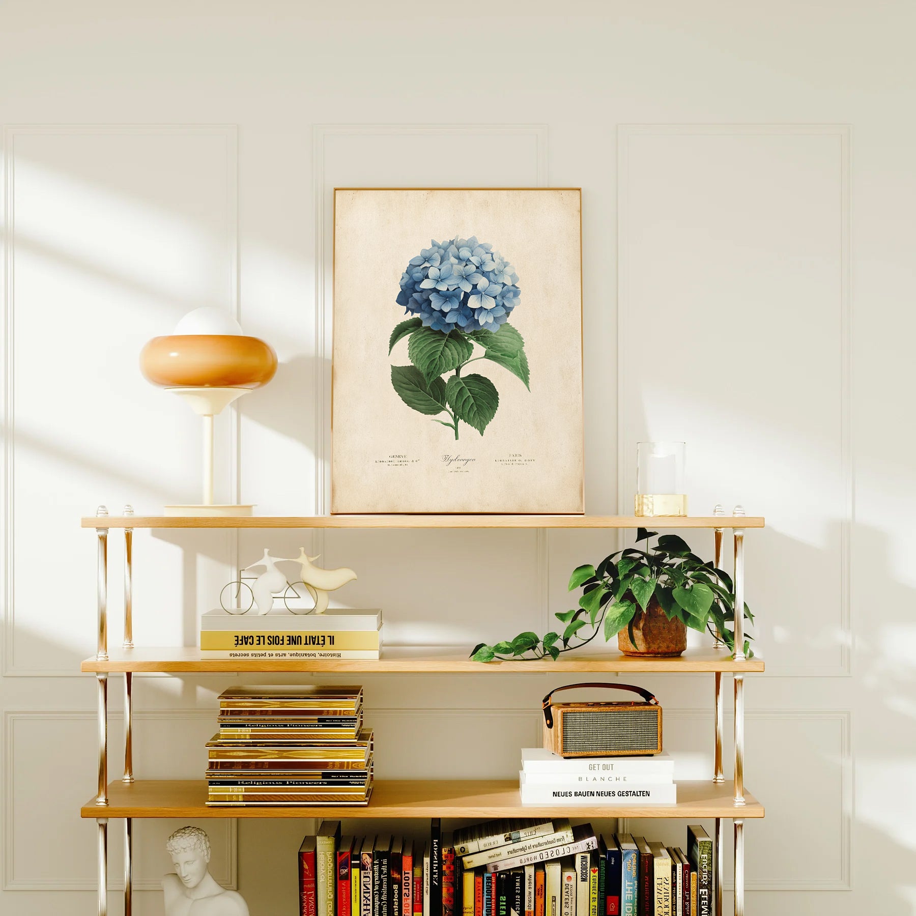 Illustration of a blue hydrangea flower with lush green leaves on a vintage-inspired print.